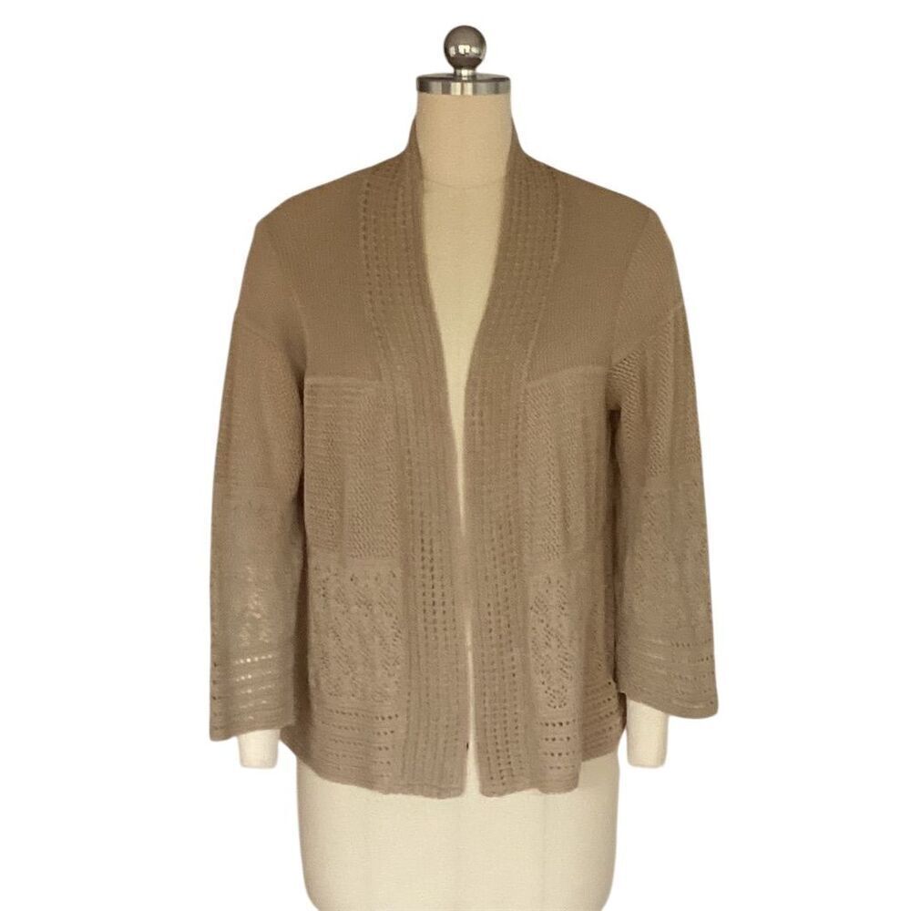 Sweater Works Women's Beige Crochet Shrug Cardigan M 3/4 Sleeve Casual Sweater - Picture 8 of 9